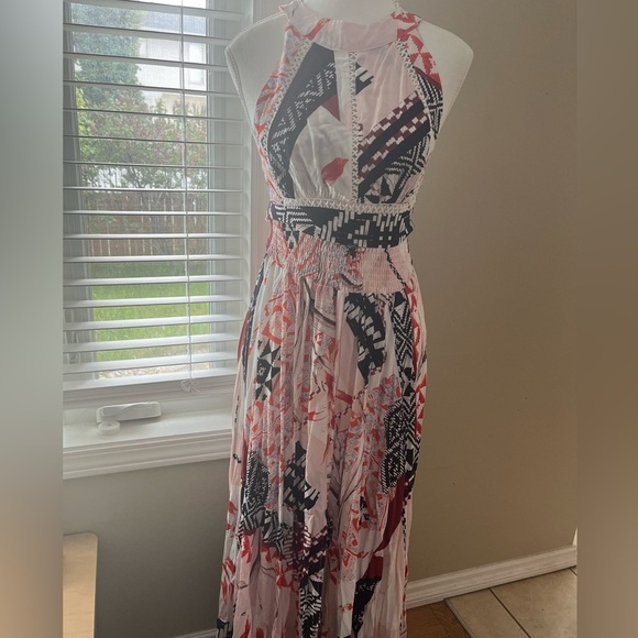 [S]ATL Abel The Label Aztec Geo Print Maxi Dress Slit Open Back Boho - Picture 3 of 12